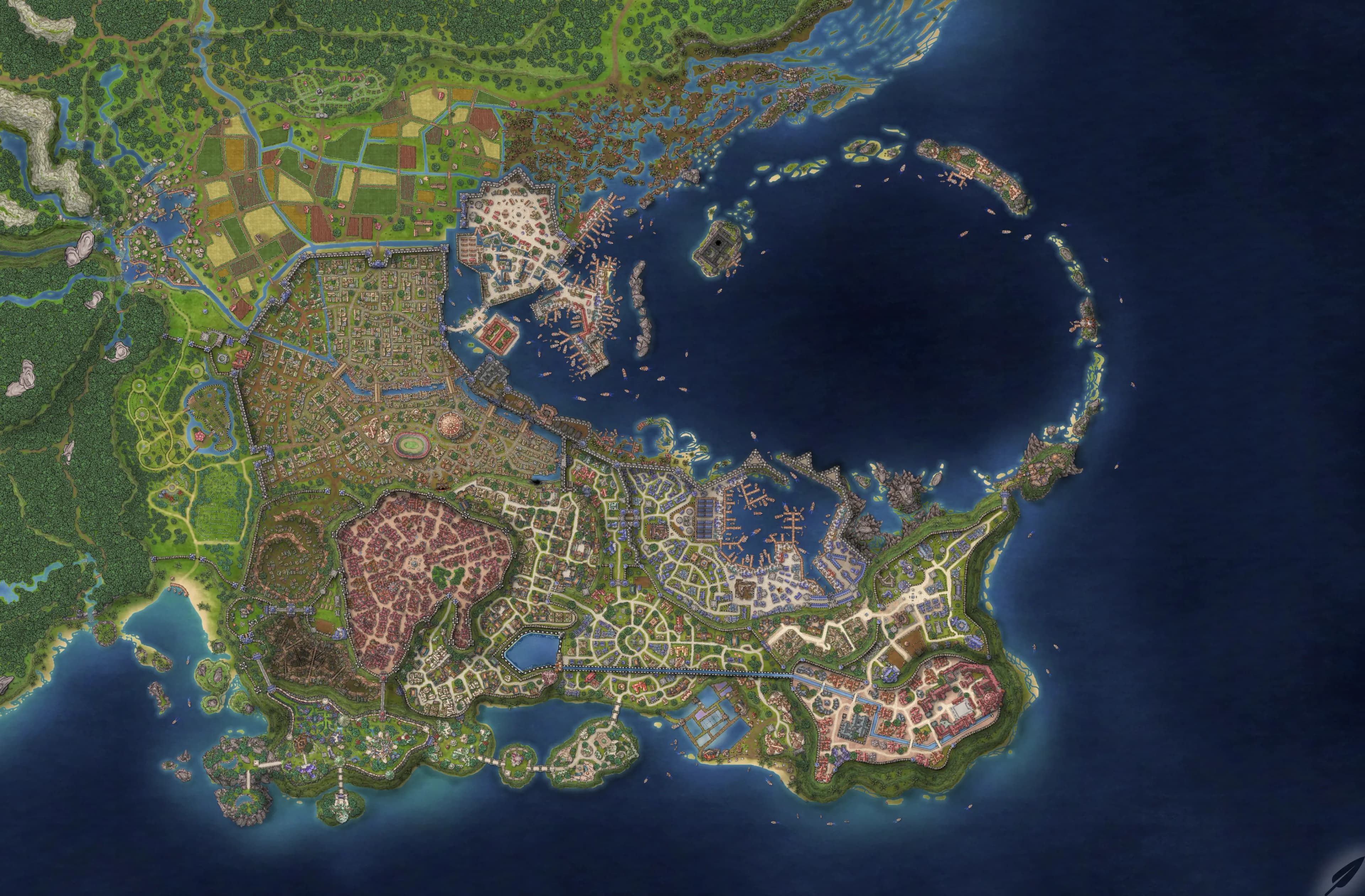 Mappa illustrata delle Terre di Vilmar: regni, foreste, città portuali e mari